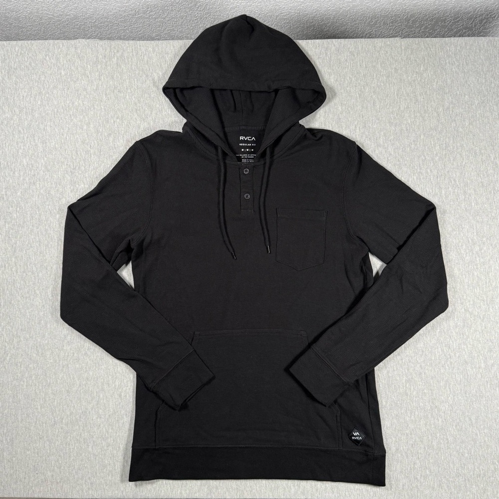 RVCA Waffle Knit Hoodie | Size M | Black Pullover Henley - Picture 2 of 7